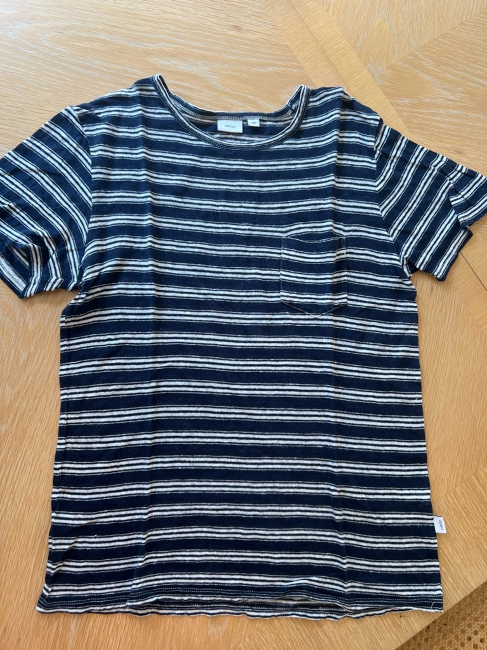 Onia Navy & White Striped Linen Pocket Tee